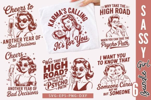 Sassy Girl SVG Bundle, Retro Funny Graphics for Crafts